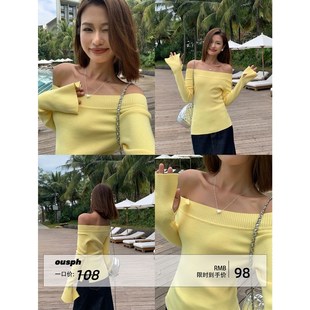 ousph 一字肩长袖黑色毛织打底衫女春新款修身外穿喇叭袖针织上衣