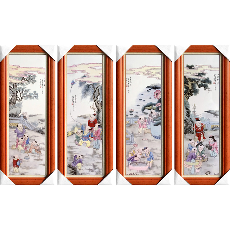 景德镇陶瓷瓷板画四条屏挂画客厅新中式粉彩装饰画梅兰竹菊人物画