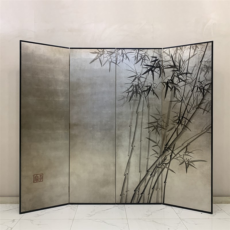 中式复古手绘漆画竹子银箔屏风古典折屏客厅茶室隔断装饰背景定制