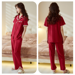 新年结婚本命年家居服夏天套装 长裤 纯棉短袖 轩靓红色睡衣女春夏季