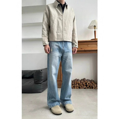 AUTICUP 2021M闪电纹水洗蓝牛赛络纺直筒微喇破洞百搭硬汉牛仔裤