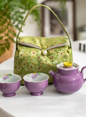 手绘功夫茶c具草木灰釉下彩紫色牡丹茶壶茶杯收纳家用陶瓷旅行套
