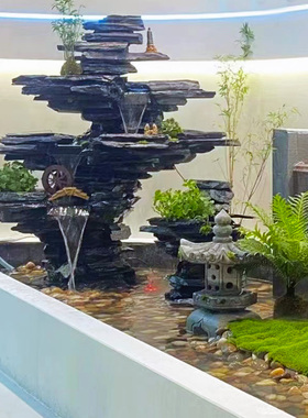 大型庭院假山流水天然黑千层墨石景观喷泉青龙石造R景花园阳台水