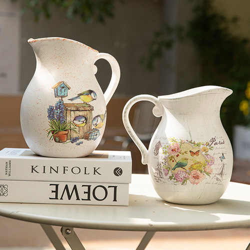 美式手提花瓶奶壶j陶瓷花器摆件客厅卧室餐厅桌面样板间装饰ins风