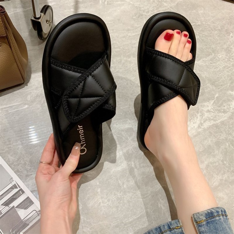 简约交叉魔术贴拖鞋女夏外穿2024夏季新款韩版一字拖平.底沙滩鞋
