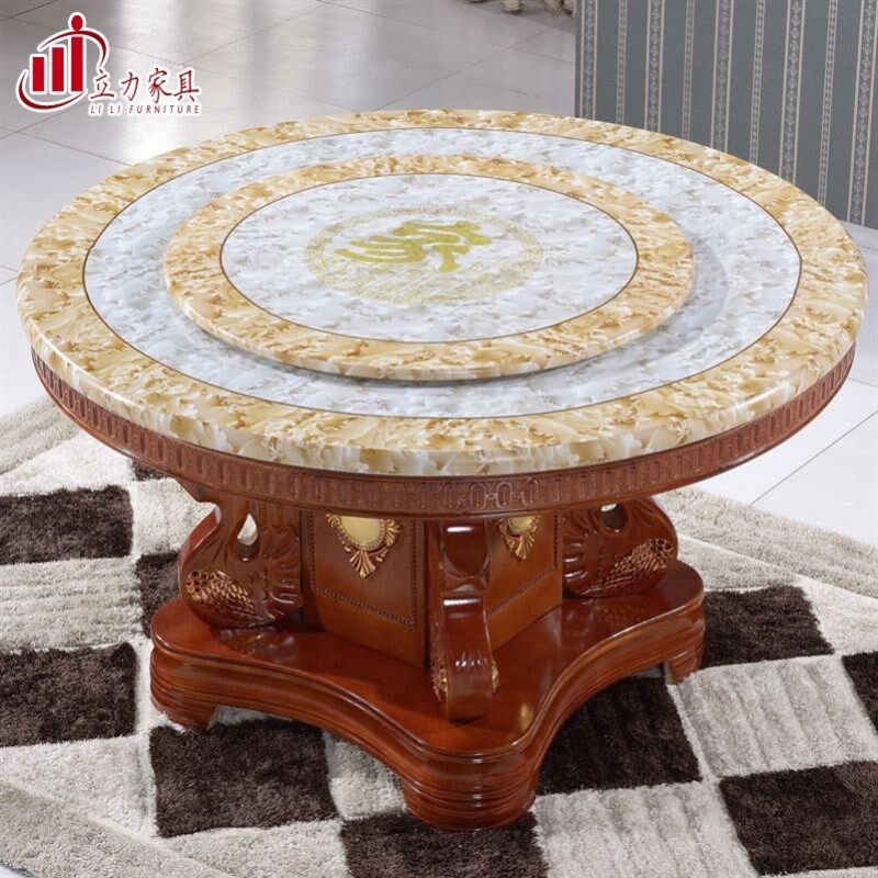 大理石餐桌椅圆形带转盘组合中欧式实木小户型6人饭桌小户型圆桌