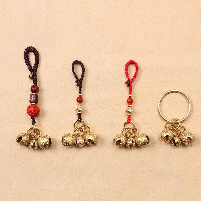 虎虎生威黄铜铃铛车钥匙扣挂件一家三口招财平安情侣吊坠红绳复古