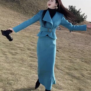 24秋冬新款时尚洋气毛呢套装裙女高级感百搭显瘦短款西服+半身裙