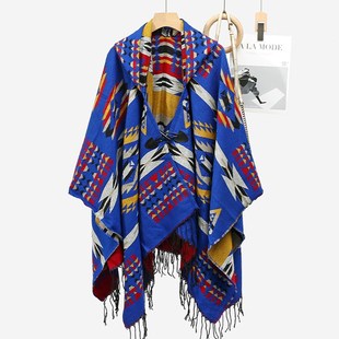 民族风大披肩男宝蓝o色外搭披风斗篷带帽围巾云南丽江新疆旅游拍