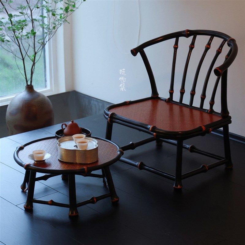 榻榻米茶室家具 迷l你小茶桌茶台 手工竹编竹子儿童茶椅凳子靠背