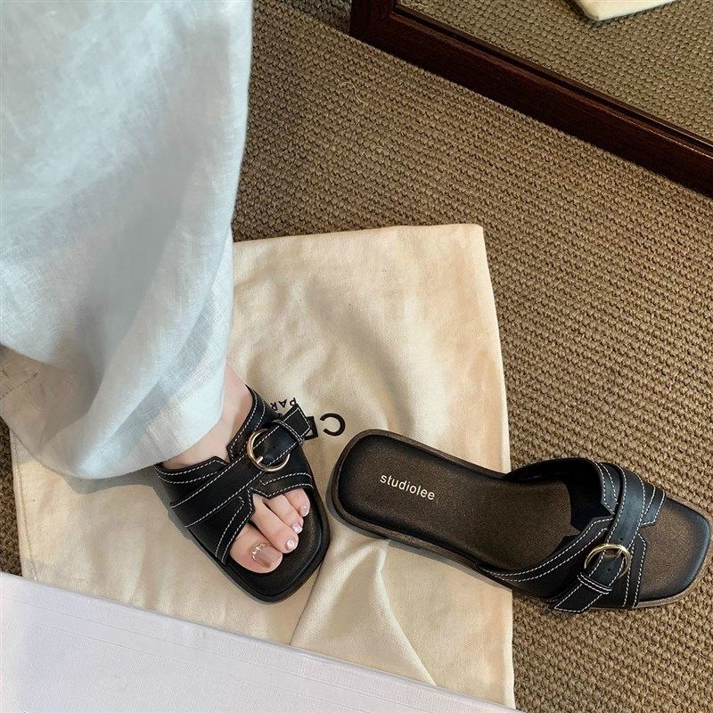 新款大码凉鞋e女41到43一字带外穿凉拖鞋女41 42 43码平底拖鞋夏
