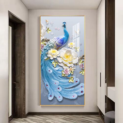 吉祥孔雀入户玄关装饰画r现代简约客厅走廊过道挂画正对门竖版壁