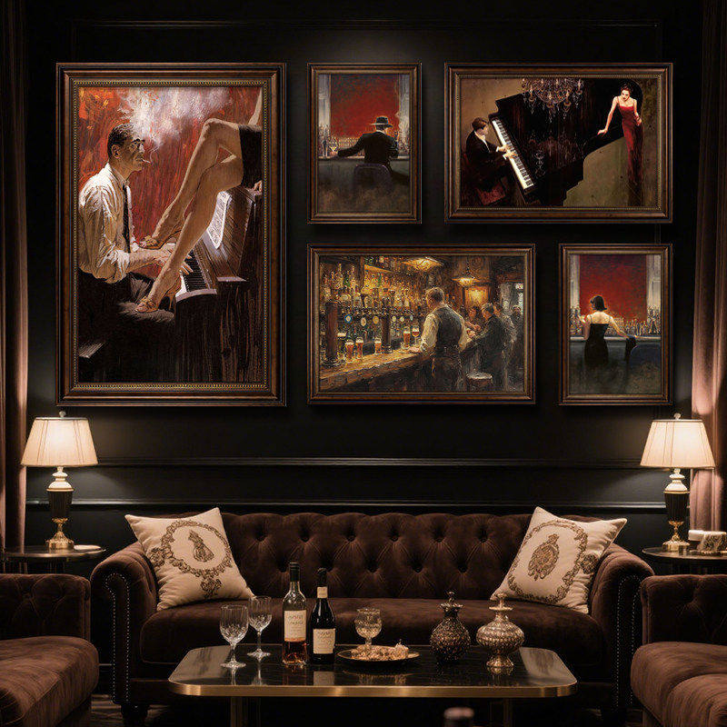 欧美覆古风威士忌装饰画 画中古风酒馆高端会所包厢雪茄吧背景墙