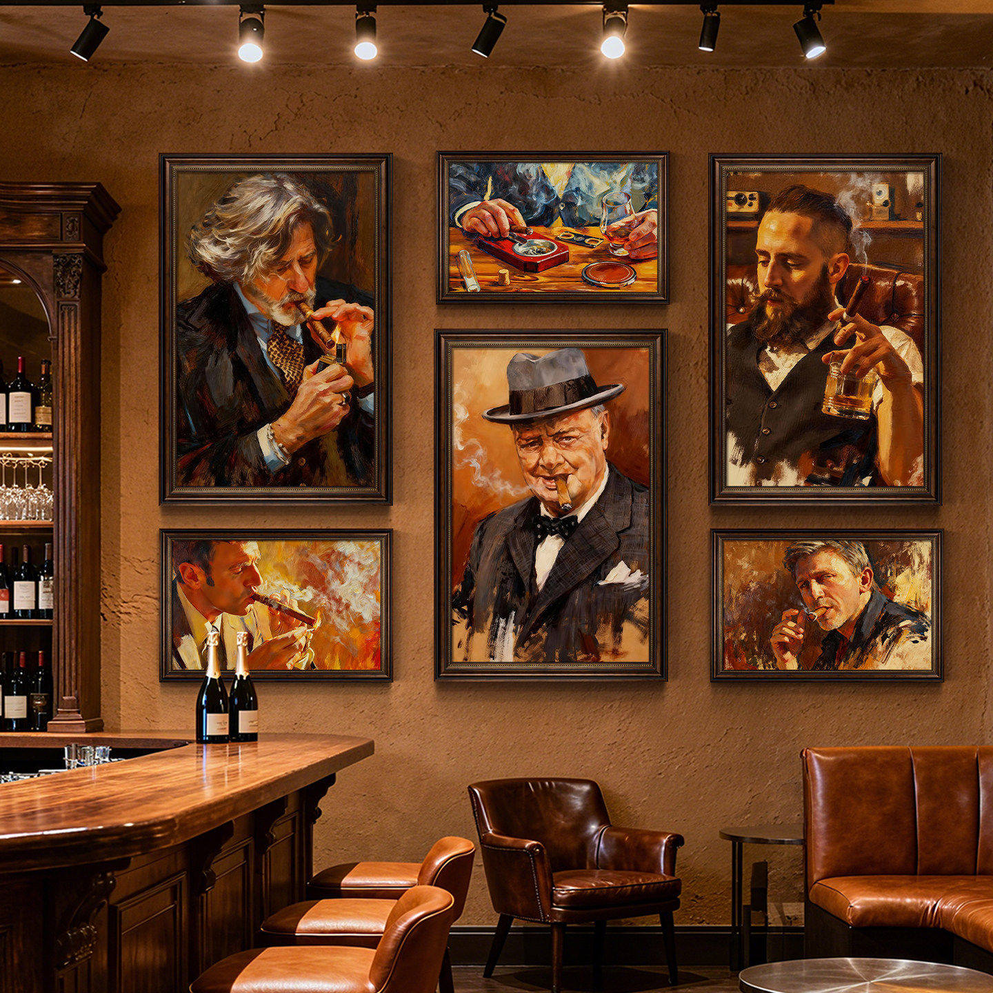 雪茄吧挂画工业风威士忌酒吧复古美式油画风雪茄名人丘吉尔装饰画