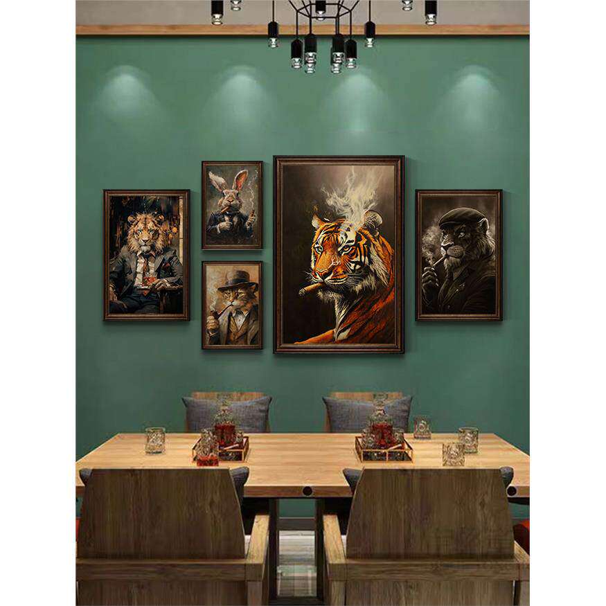 雪茄吧装饰画老虎狮子威猛艺术雪茄美式猫狗动物覆古烟酒行挂画