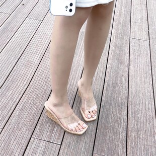 夏季新款中高跟坡跟方头透明拖鞋B 防水台厚底大头凉拖鞋 外穿休