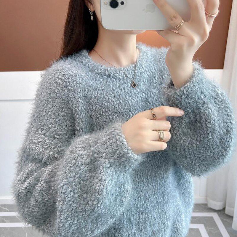 加绒加厚冬e季毛衣女2024新款韩版套头圆领宽松慵懒风内搭打底衫