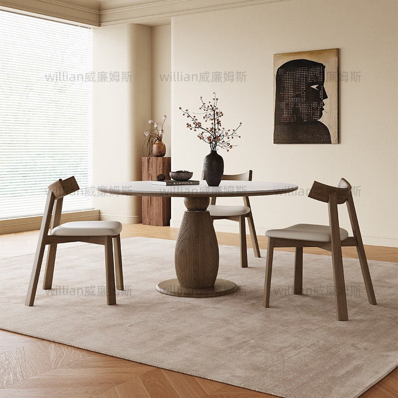 法式复古圆形实木餐桌现代饭桌家用小户型意式中古风岩板餐桌