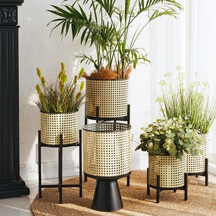 创意仿藤编铁艺架室内客厅假绿植落地装饰盆造景软装