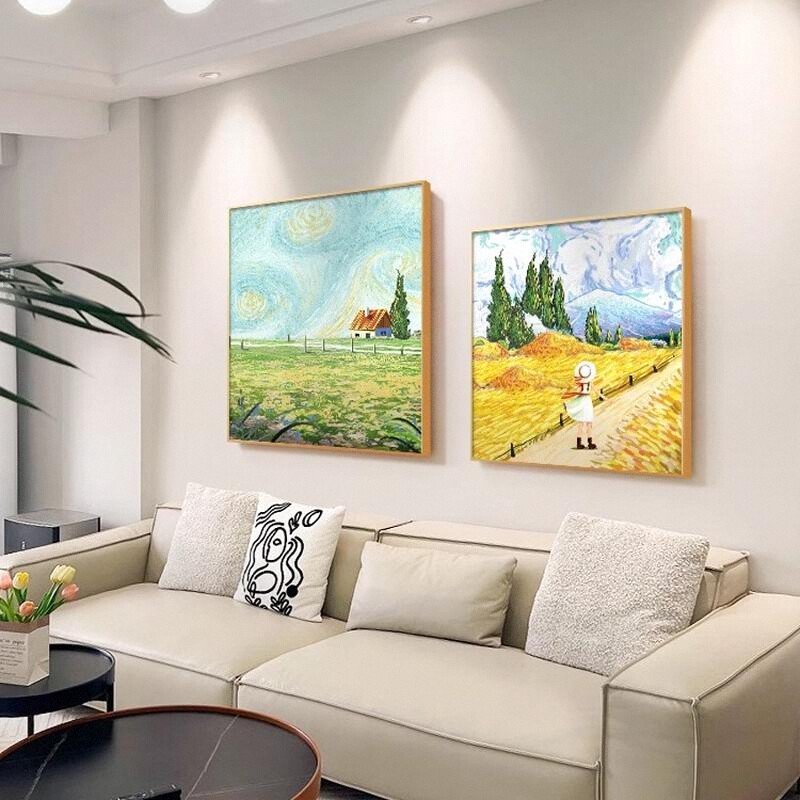 梵高客厅沙发背景墙装饰画方形小清新餐厅挂画田园风主卧床头壁画图片