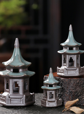 陶瓷六角亭凉亭微景观小宝塔造景园艺盆景鱼缸假山流水器配件