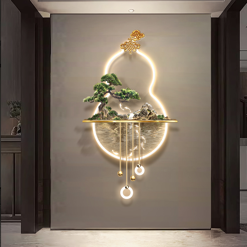 流水生财玄关装饰画走廊3D立体迎客松山水挂画高级感发光画九鱼图