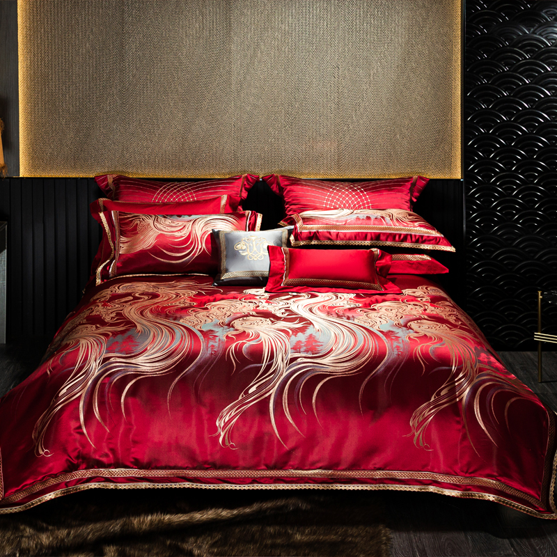 奢华婚庆四件套红色织提花床上用品十件套锦缎金银丝提花被套高端