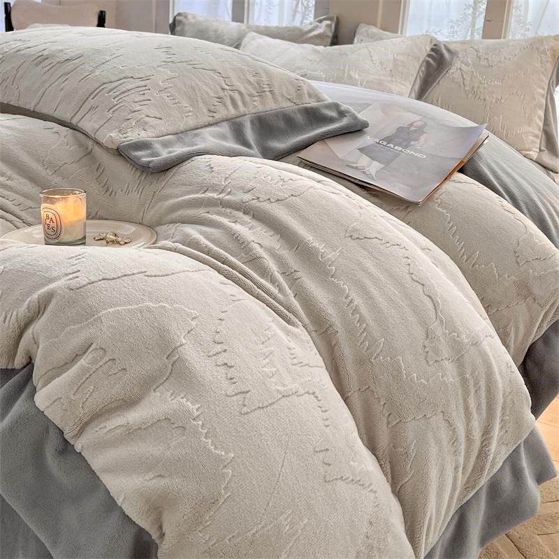 冬季雕花绒加绒加厚床上四件灰白耐脏面绒牛奶珊瑚绒床单被