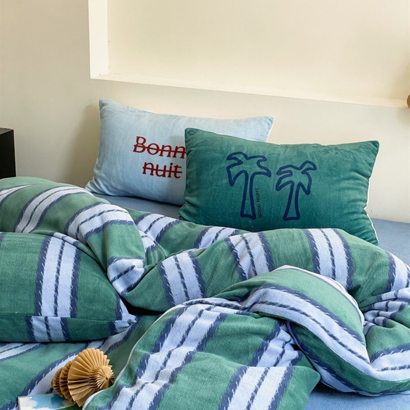 月光巴士蓝松绿条纹冬床上三四件保暖被加厚床单珊瑚绒