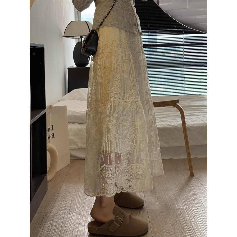杏色蕾丝刺绣半身裙女春季新款胖妹妹mm高腰遮胯显瘦中长款a字裙