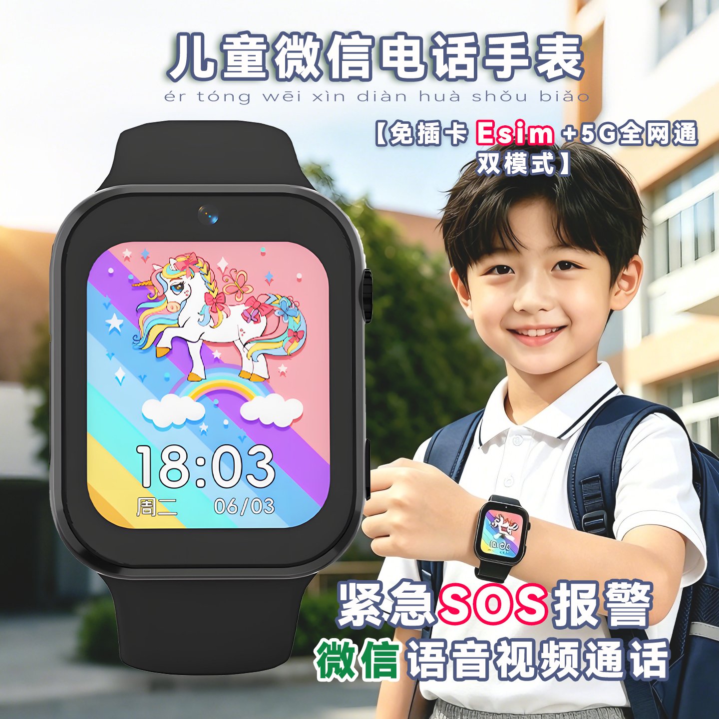 免插卡微信语音视频通话儿童电话手表Esim+可插卡5G全网通碰一碰加好友定位一键SOS求救Ai语音助手中小学生
