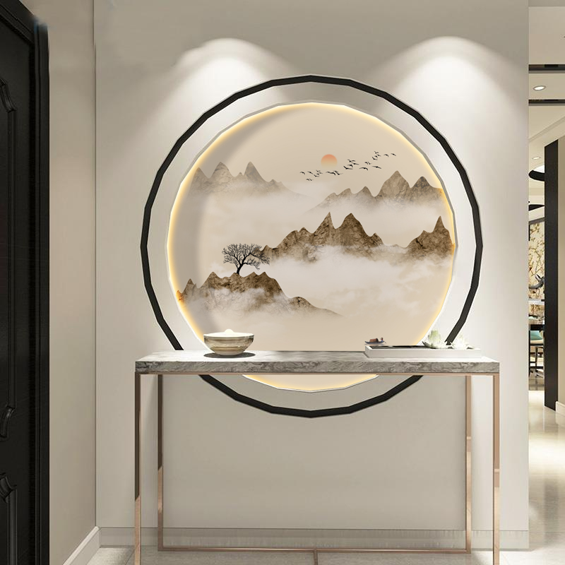 现代新中式圆形玄关装饰画客厅书房山水风景走廊过道背景墙无纺布图片