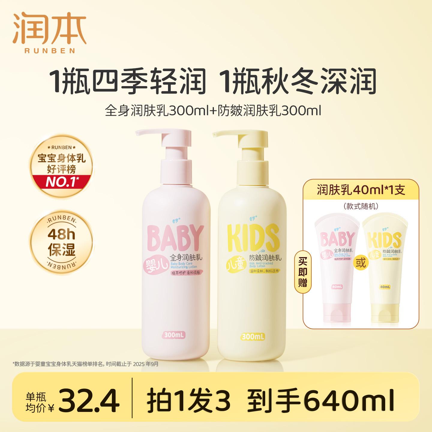 润本儿童身体乳干燥保湿滋润婴儿润肤乳全身新生宝宝面霜秋冬专用