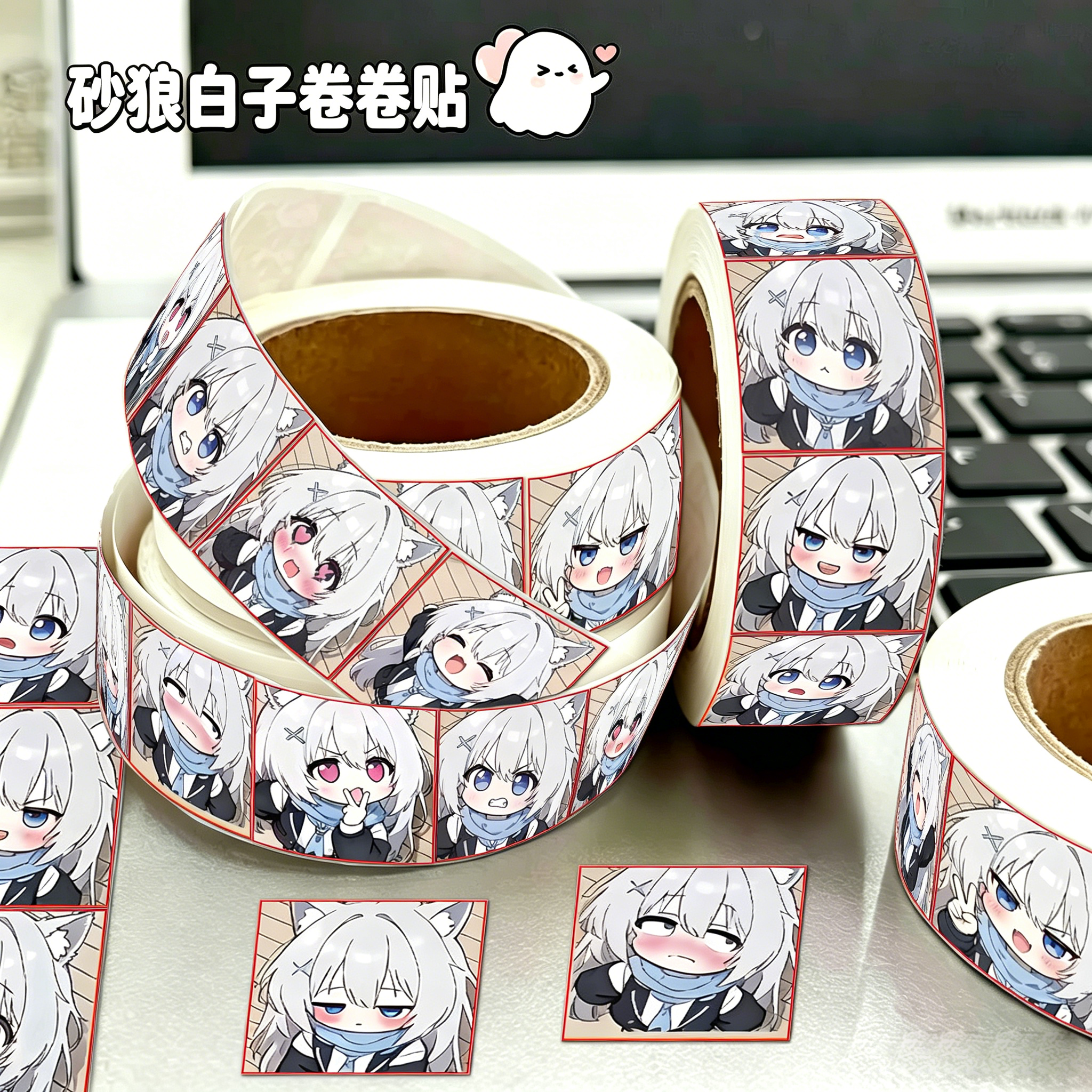 2000贴砂狼白子Q版动漫人物卷卷贴纸自粘标签立体防晒不干胶贴画