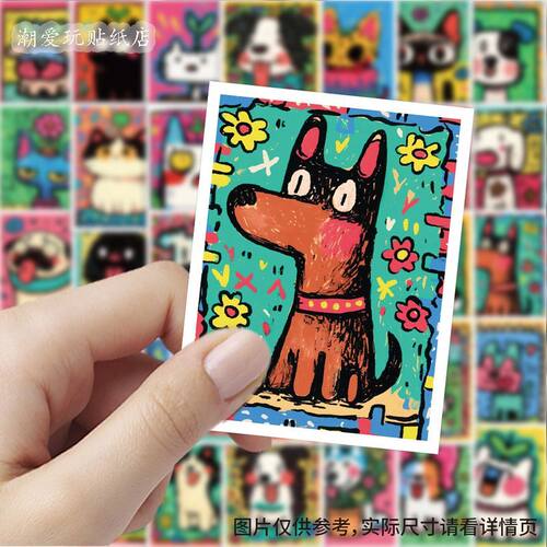 彩绘猫咪狗狗卡通插画贴纸ins可爱艺术色彩装饰笔记本手帐贴画