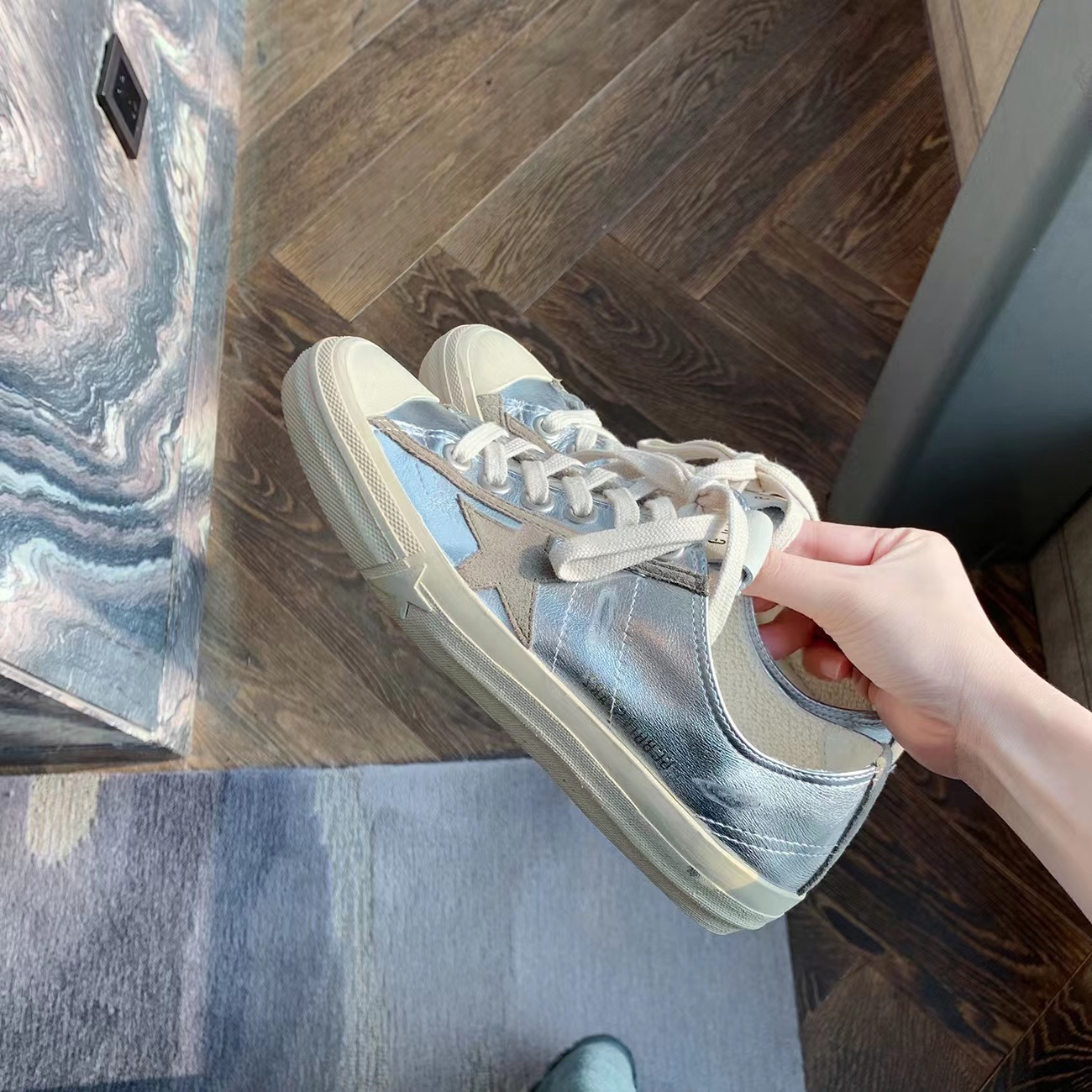 做旧星星鞋可踩跟两穿平底小白鞋