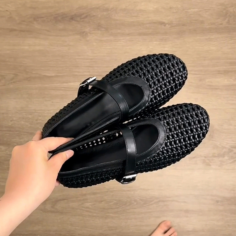法式复古真皮编织镂空透气单鞋