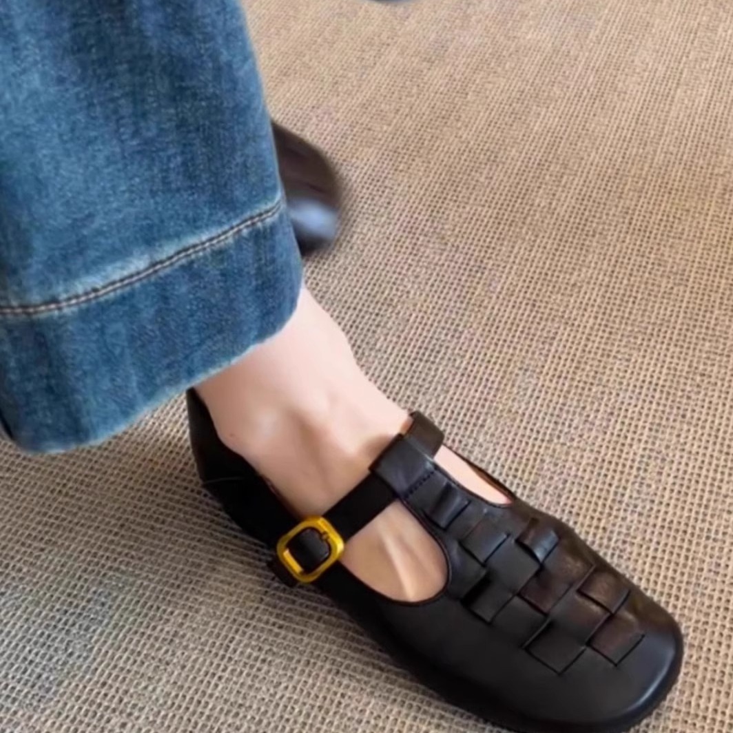 牛皮版~法式玛丽珍鞋女中跟粗跟