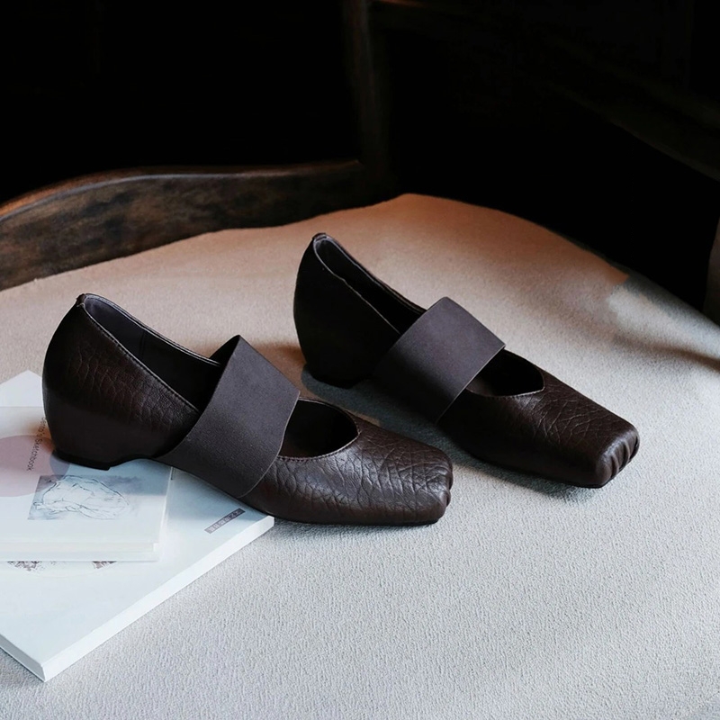 法式复古真皮不累脚内增高单鞋