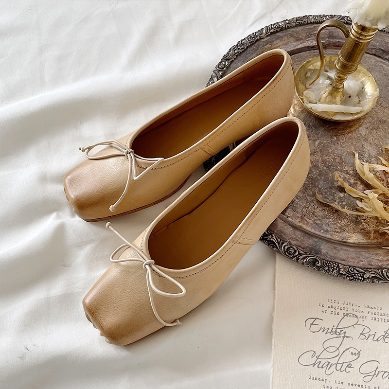 水洗真皮单鞋猪鼻方头芭蕾舞鞋