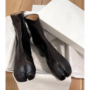 2025新款真皮tabi分趾靴猪蹄短靴女中跟复古切尔西靴子粗跟马丁靴