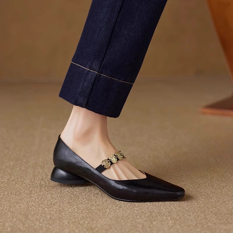 软羊皮方头金币玛丽珍鞋女