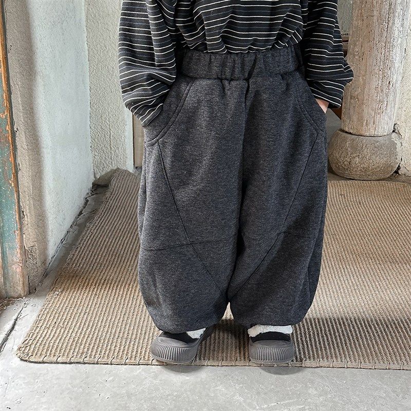 暮晨家新款冬装2024q男童加绒呢子灯笼裤中小童加厚宽松长裤阔腿