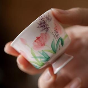 纯手绘郁金香仿宋高足茶杯女士个人专用主人杯单杯家用品茗杯