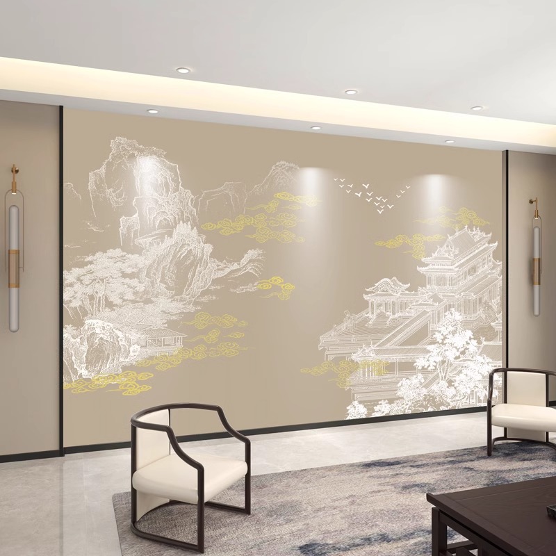 新中式亭台楼阁电视背景墙壁布客厅墙纸沙发装饰墙布壁画线描壁纸图片