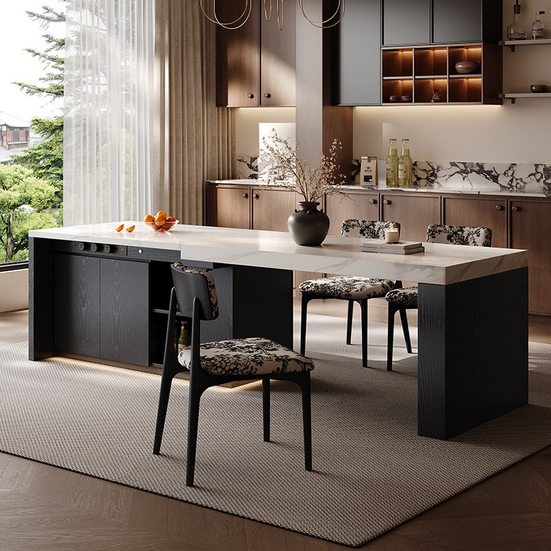 中古风实a木岛台餐桌一体家用伸缩岩板中岛台2025新款厨房升降岛