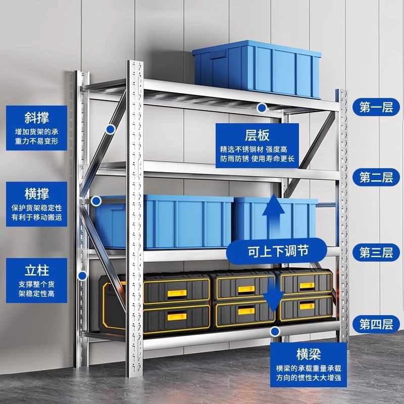 304不锈钢仓储货架加厚商用置物E架重型多层仓库地下室冷库货架