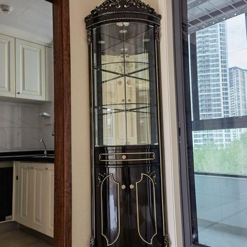 转角酒柜欧式三角柜墙角柜拐角柜侧柜餐厅玻璃家具黑檀色客厅角柜