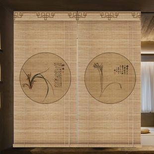 玄关隔断帘梅装 竹中式 饰禅意门帘竹帘卷帘帘客厅窗帘印花遮阳茶室