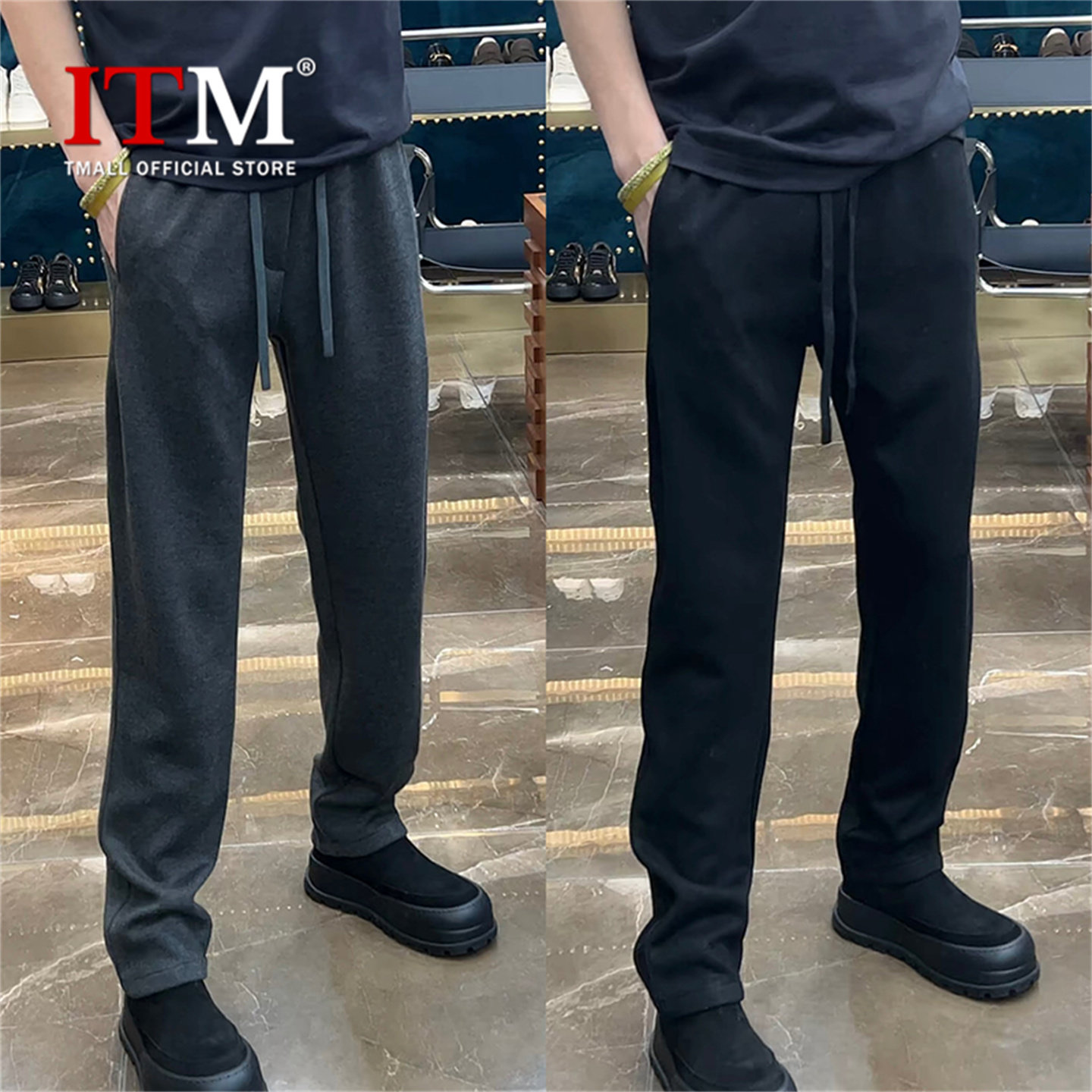 高端灰色直筒休闲裤子男士2025新款冬季加厚男裤宽松运动卫裤男款